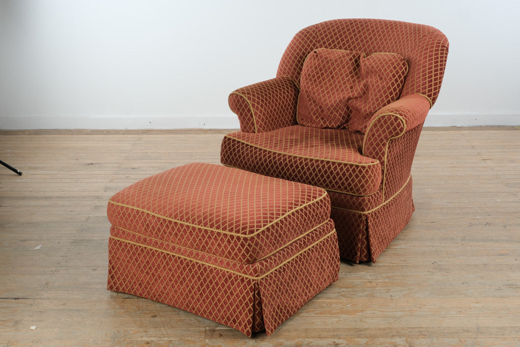 Thomasville Swivel Armchair with Matching Ottoman in Red Diamond