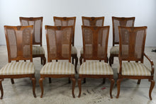 Load image into Gallery viewer, Thomasville Solid Wood Dining Table with 8 Cane Back Chairs and 2 Leaves
