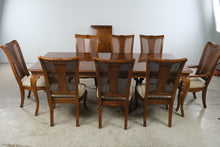 Load image into Gallery viewer, Thomasville Solid Wood Dining Table with 8 Cane Back Chairs and 2 Leaves
