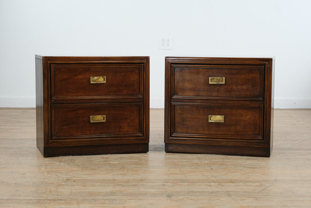 Mid-Century Thomasville Campaign-Style Nightstands – Pair – Solid Wood, Brass Hardware