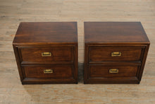 Load image into Gallery viewer, Mid-Century Thomasville Campaign-Style Nightstands – Pair – Solid Wood, Brass Hardware

