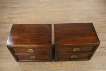 Load image into Gallery viewer, Mid-Century Thomasville Campaign-Style Nightstands – Pair – Solid Wood, Brass Hardware
