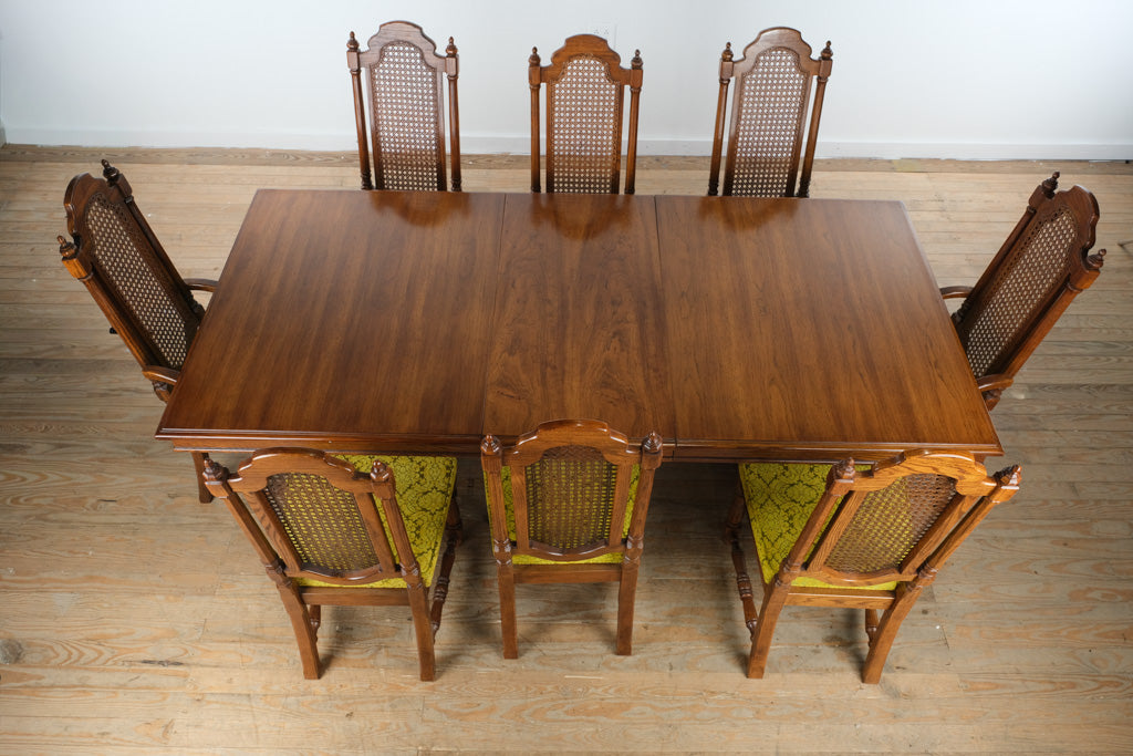 Thomasville Segovia Dining Set – Table w/ 2 Leaves + 8 Cane-Back Chairs (Spanish Mediterranean Style)