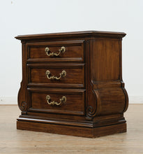 Load image into Gallery viewer, Elegant Thomasville 3-Drawer Nightstand – Sculpted Profile in Rich Walnut Finish
