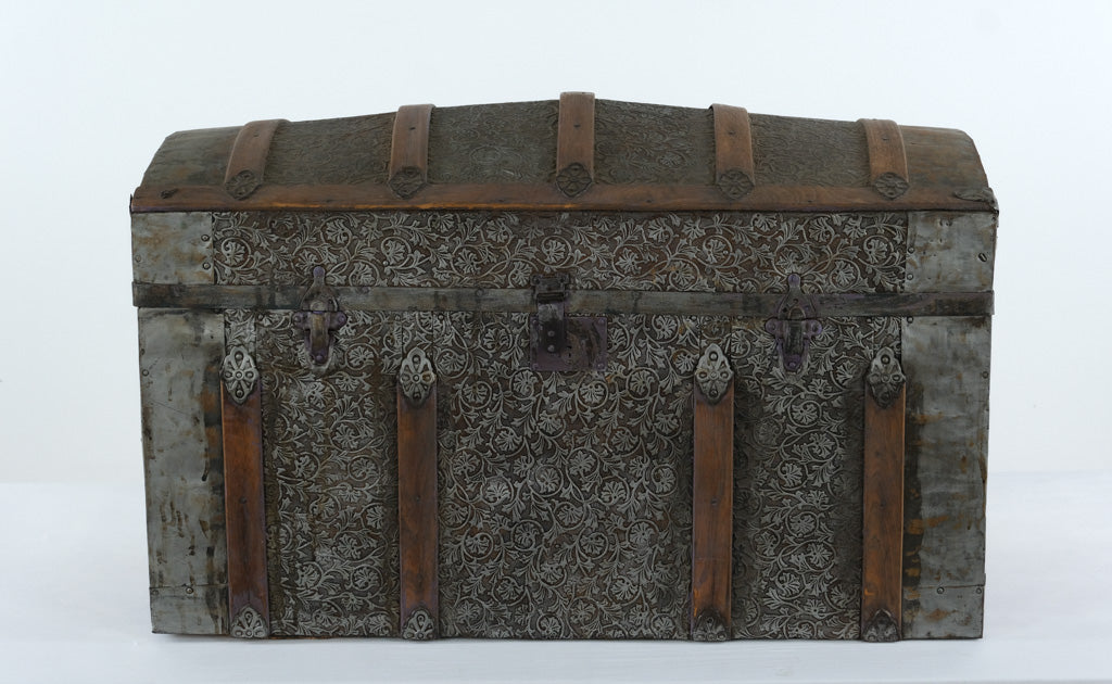 Antique Dome Top Steamer Trunk with Embossed Tin Panels