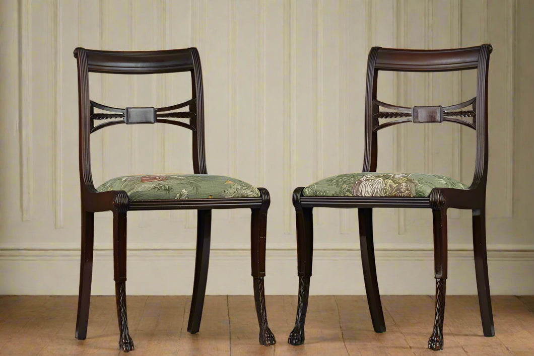 Pair of Regency Chairs with Carved Hoofed Feet - Brand New Toile Upholstery