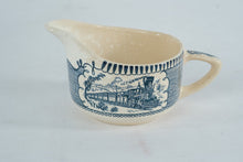 Load image into Gallery viewer, Royal Currier and Ives Blue Creamer Train Scene Made in USA
