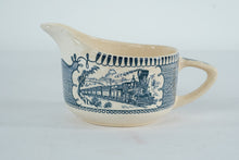 Load image into Gallery viewer, Royal Currier and Ives Blue Creamer Train Scene Made in USA
