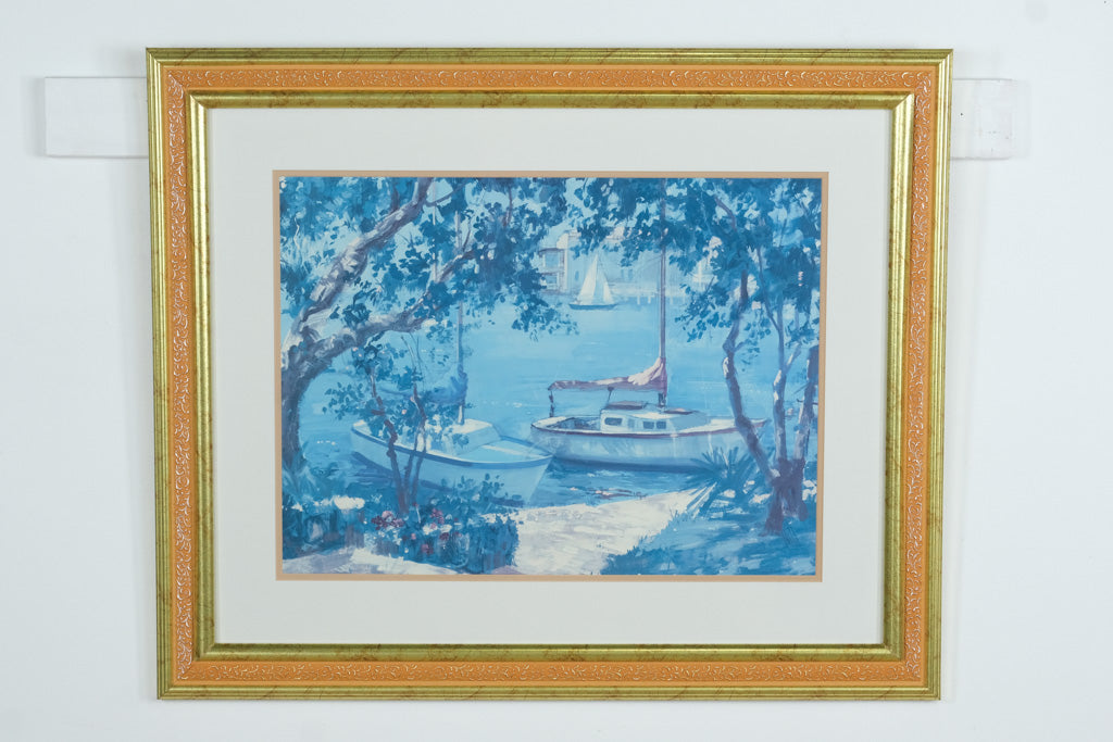 “Tranquil Harbor” Framed Coastal Art Print – 29x35 – Nautical Boats Scene, Made in USA