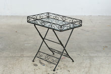 Load image into Gallery viewer, Folding Wrought Iron Style Glass Top Tray Table Black Scrollwork 22 Inch
