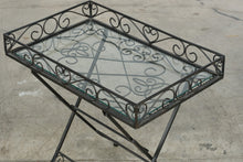 Load image into Gallery viewer, Folding Wrought Iron Style Glass Top Tray Table Black Scrollwork 22 Inch
