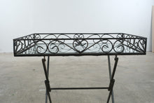 Load image into Gallery viewer, Folding Wrought Iron Style Glass Top Tray Table Black Scrollwork 22 Inch

