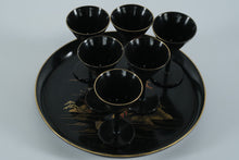 Load image into Gallery viewer, Japanese Lacquerware Sake Cup &amp; Tray Set – Black with Gold Pagoda Motif – 7-Piece Set
