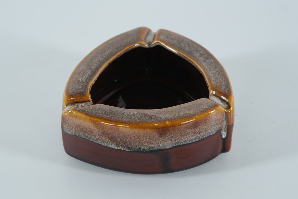Mid-Century Drip Glaze Ceramic Ashtray – Brown & Tan Triangular Form (5.5”)