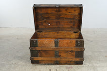 Load image into Gallery viewer, Antique Flat Top Wooden Steamer Trunk with Metal Banding – Rustic Storage Chest
