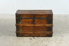 Load image into Gallery viewer, Antique Flat Top Wooden Steamer Trunk with Metal Banding – Rustic Storage Chest
