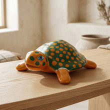 Load image into Gallery viewer, Mexican Folk Art Pottery Turtle Hand Painted Green Orange Spotted Ceramic Figurine
