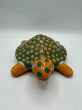 Load image into Gallery viewer, Mexican Folk Art Pottery Turtle Hand Painted Green Orange Spotted Ceramic Figurine

