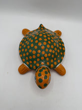 Load image into Gallery viewer, Mexican Folk Art Pottery Turtle Hand Painted Green Orange Spotted Ceramic Figurine
