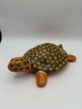 Load image into Gallery viewer, Mexican Folk Art Pottery Turtle Hand Painted Green Orange Spotted Ceramic Figurine

