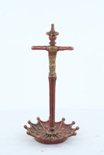 Load image into Gallery viewer, Asian Figural Cast Iron Umbrella Stand Chinese Man Red Gold Cane Holder 24 Inch
