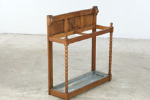 Load image into Gallery viewer, Antique Oak Umbrella Stand Carved Faces Barley Twist Zinc Drip Tray Hall Stand
