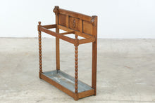 Load image into Gallery viewer, Antique Oak Umbrella Stand Carved Faces Barley Twist Zinc Drip Tray Hall Stand
