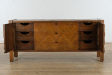 Load image into Gallery viewer, Mid-Century “Tiki Brutalist” Walnut Lowboy Dresser by United Furniture – 75&quot; Long
