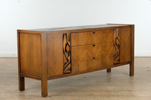 Load image into Gallery viewer, Mid-Century “Tiki Brutalist” Walnut Lowboy Dresser by United Furniture – 75&quot; Long
