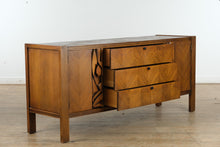 Load image into Gallery viewer, Mid-Century “Tiki Brutalist” Walnut Lowboy Dresser by United Furniture – 75&quot; Long
