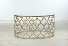 Load image into Gallery viewer, Round Pewter Metal and Glass Moroccan Trellis Coffee Table
