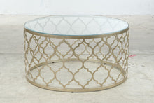 Load image into Gallery viewer, Round Pewter Metal and Glass Moroccan Trellis Coffee Table
