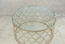 Load image into Gallery viewer, Round Pewter Metal and Glass Moroccan Trellis Coffee Table
