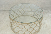 Load image into Gallery viewer, Round Pewter Metal and Glass Moroccan Trellis Coffee Table
