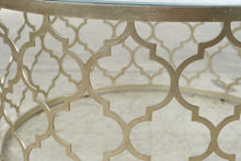 Load image into Gallery viewer, Round Pewter Metal and Glass Moroccan Trellis Coffee Table
