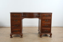Load image into Gallery viewer, Vintage Union National Mahogany Vanity Desk with Greek Key Carving and Flame Grain Drawers
