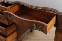 Load image into Gallery viewer, Vintage Union National Mahogany Vanity Desk with Greek Key Carving and Flame Grain Drawers
