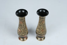 Load image into Gallery viewer, Pair of Vintage Brass Vases Black Gold Floral Engraved 7 Inch Made in India Style
