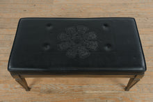 Load image into Gallery viewer, Vintage Black Leather Upholstered Bench with Embossed Hotel Crest and Wood Base, Raleigh NC
