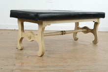 Load image into Gallery viewer, Vintage Black Vinyl Upholstered Bench with Velvet Cloak Raleigh NC Crest and Painted Wood Base
