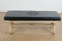 Load image into Gallery viewer, Vintage Black Vinyl Upholstered Bench with Velvet Cloak Raleigh NC Crest and Painted Wood Base
