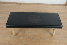 Load image into Gallery viewer, Vintage Black Vinyl Upholstered Bench with Velvet Cloak Raleigh NC Crest and Painted Wood Base
