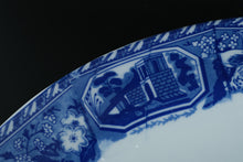 Load image into Gallery viewer, Large 18" Victoria Ware Ironstone Bowl – Blue &amp; White Scenic Transferware with Village Landscape – Antique English Charger
