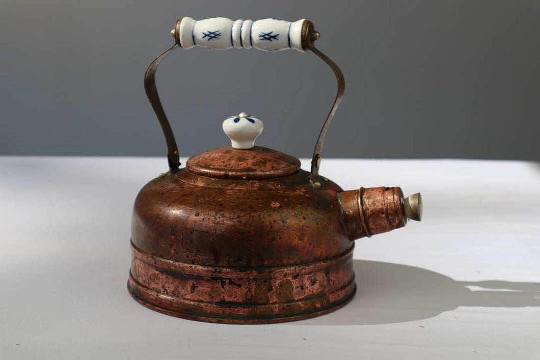 Vintage Copper Tea Pot with Porcelain Handles