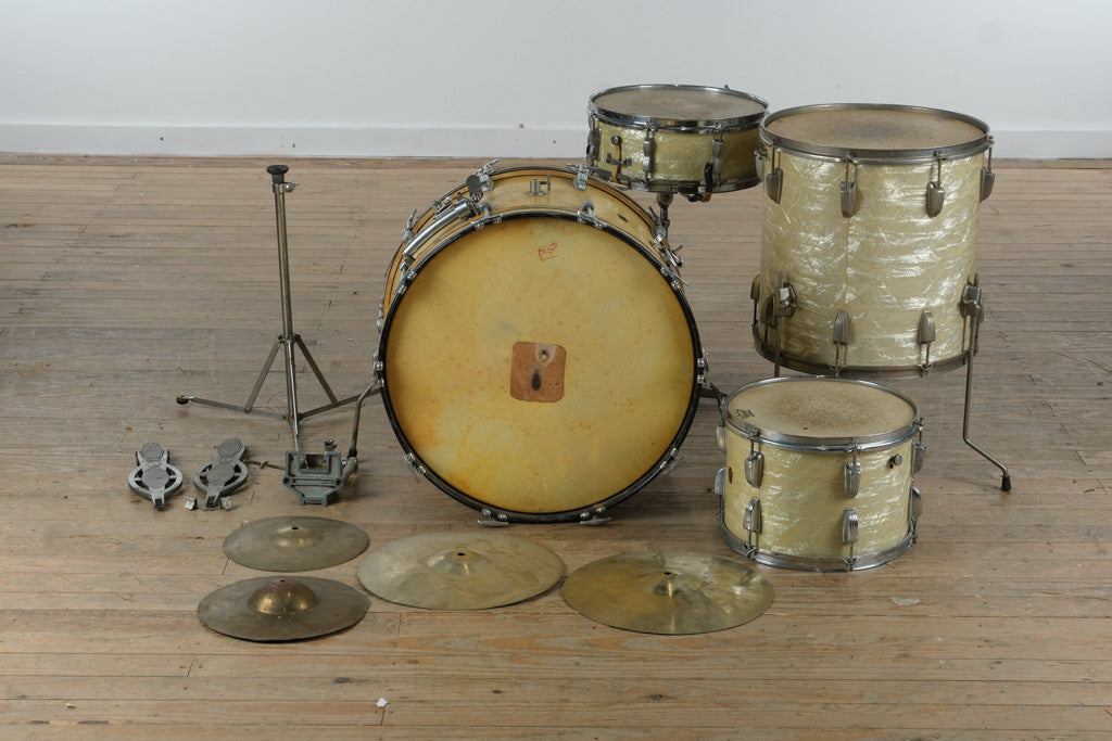 Vintage Ludwig Drum Kit – 1950s White Marine Pearl 4-Piece Set w/ Super Swiss Cymbals & Hardware