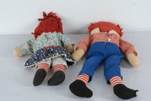 Load image into Gallery viewer, Vintage Raggedy Ann &amp; Andy Cloth Dolls – Classic Pair with Yarn Hair &amp; Embroidered Faces
