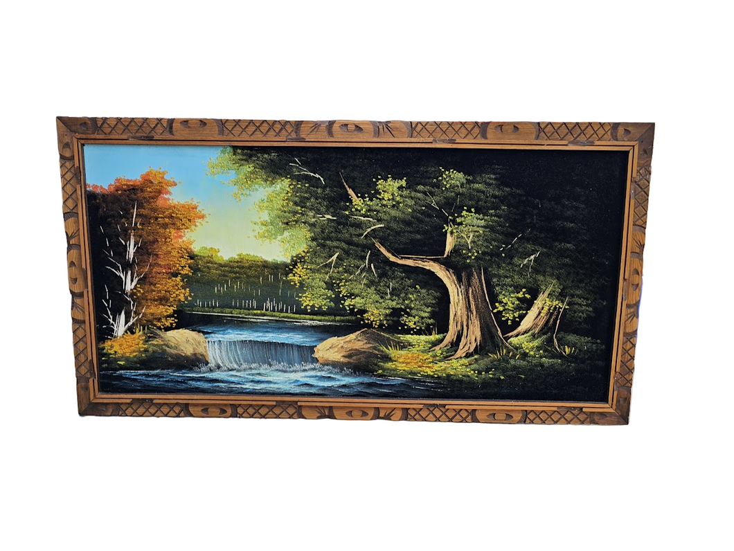 Vintage Mid-Century Velvet Painting – Waterfall Landscape with Hand-Carved Wood Frame
