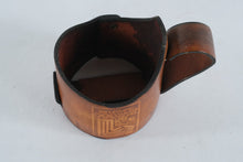 Load image into Gallery viewer, 1980 Lake Placid Olympic Leather Mug Holder Brown Hand Tooled Cup Sleeve
