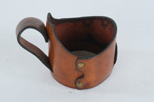 Load image into Gallery viewer, 1980 Lake Placid Olympic Leather Mug Holder Brown Hand Tooled Cup Sleeve
