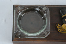 Load image into Gallery viewer, Wake Forest Demon Deacon Ashtray Wood Base Glass Insert Figural Vintage
